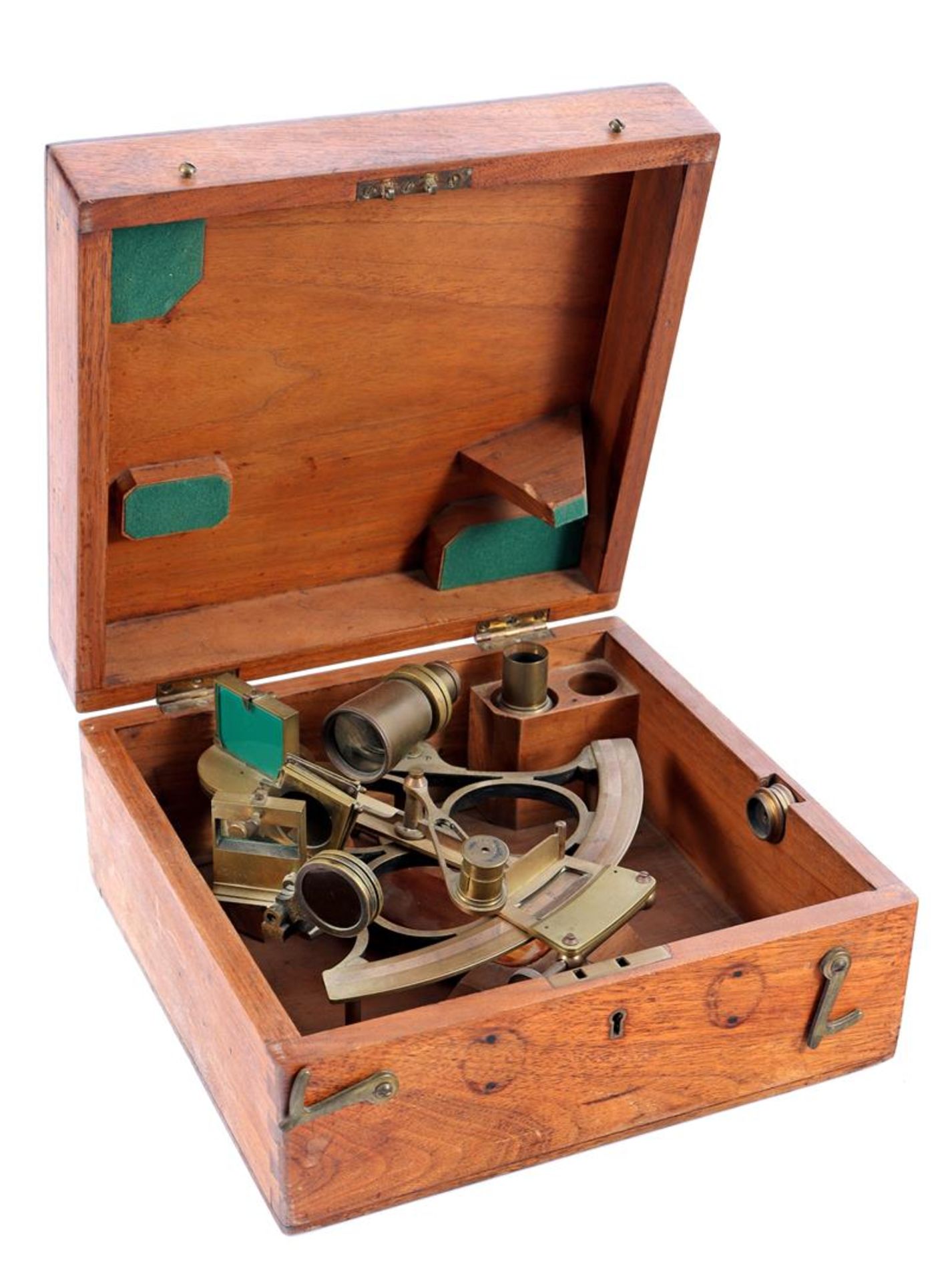 Brass sextant in walnut color teak box