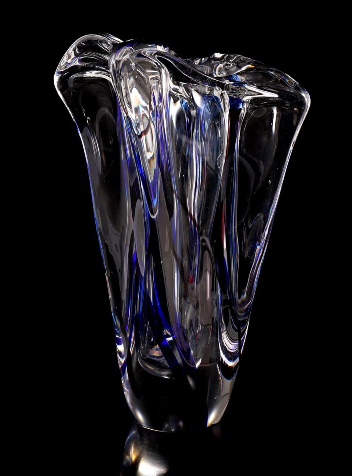 Signed Max Verboeket, colored glass vase with blue and brown stripes