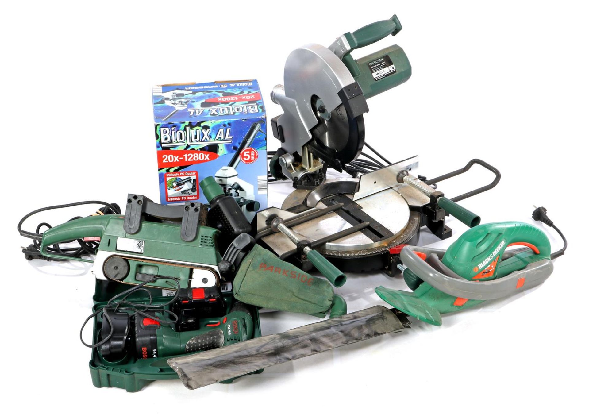 Bosch cordless screwdriver, Parkside miter saw, Parkside sander