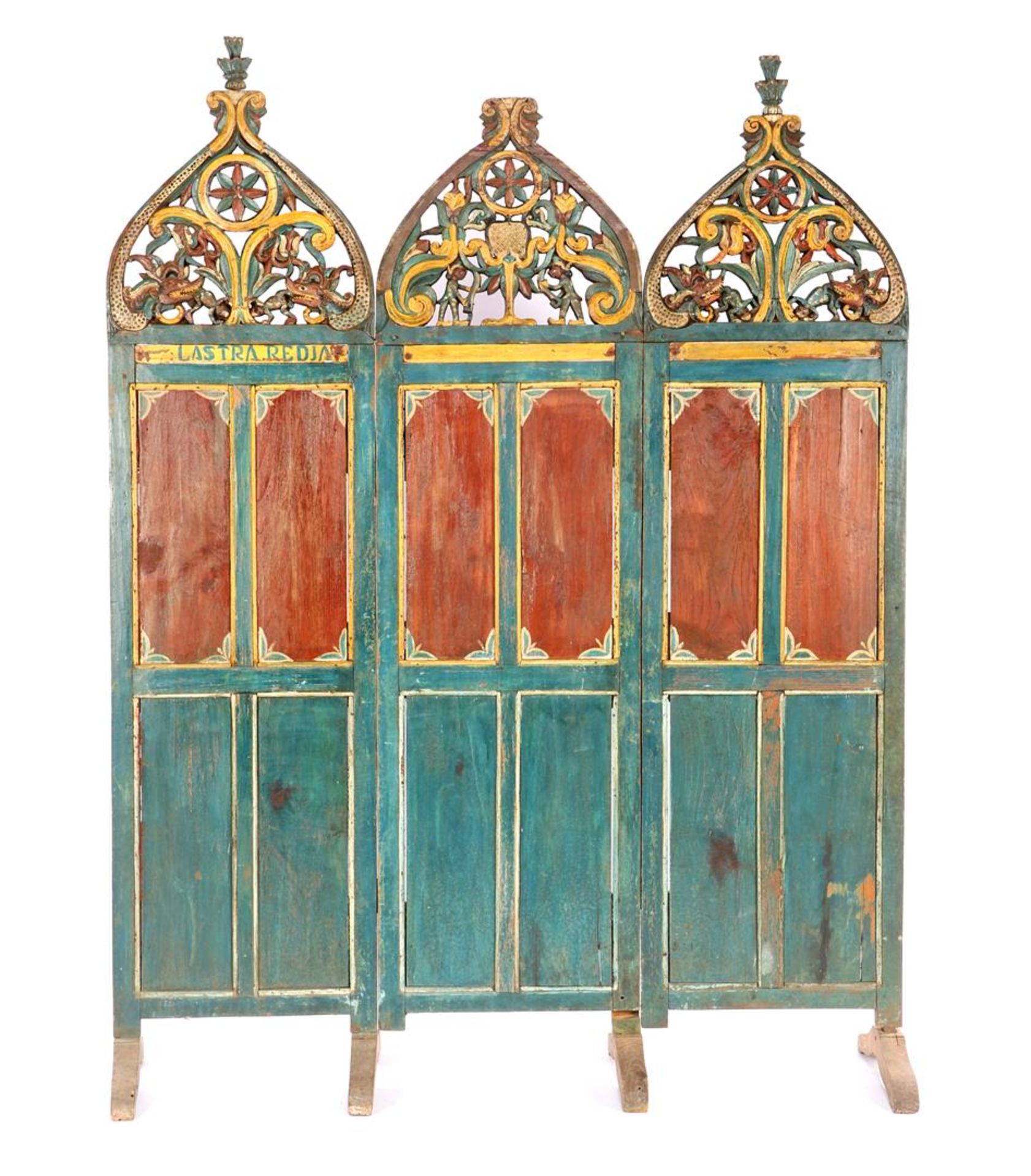 Polychrome painted wooden Asian 3-part folding screen