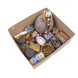 Box of various curiosities incl. cloisonne, binoculars, cigarette box