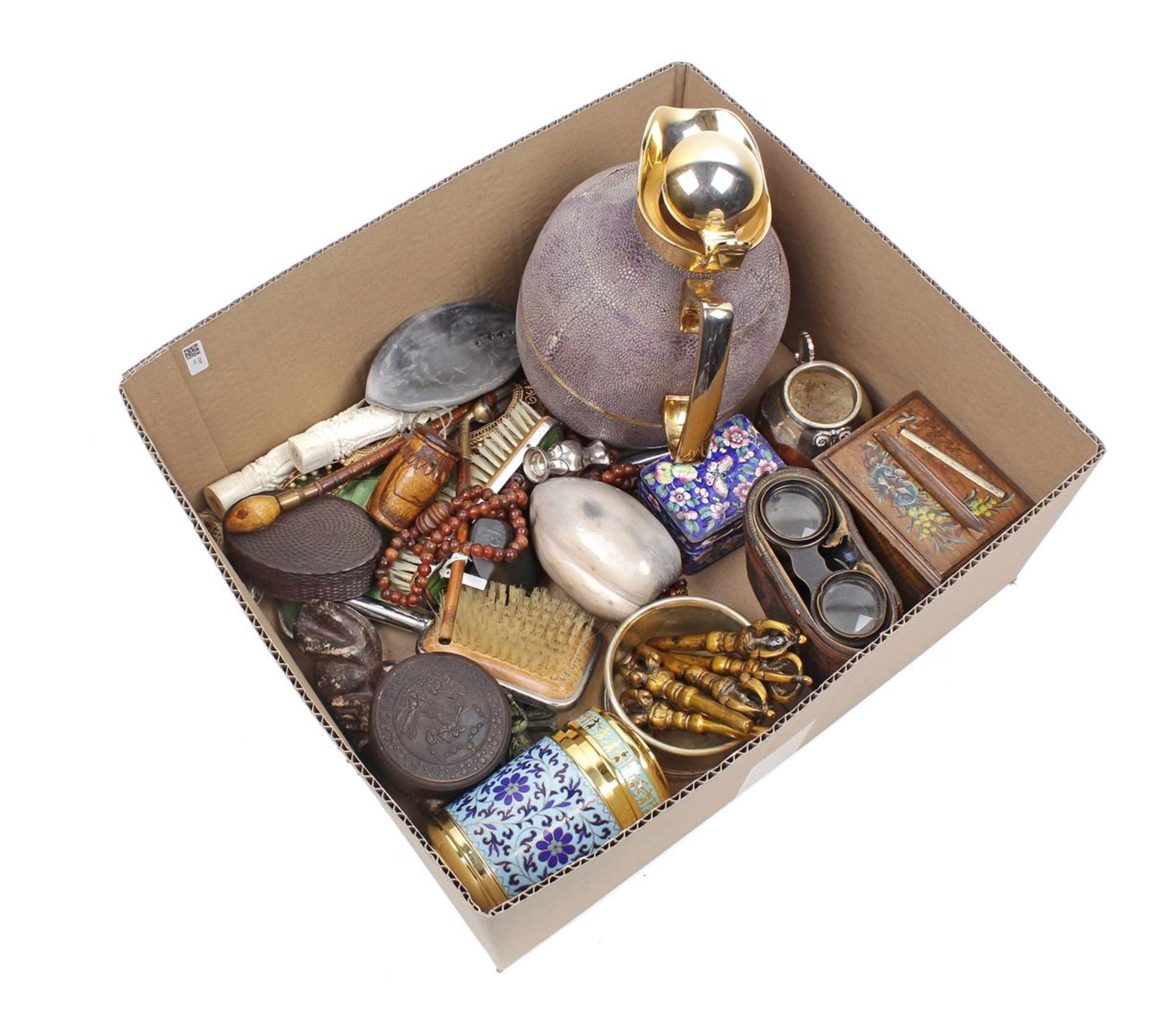 Box of various curiosities incl. cloisonne, binoculars, cigarette box