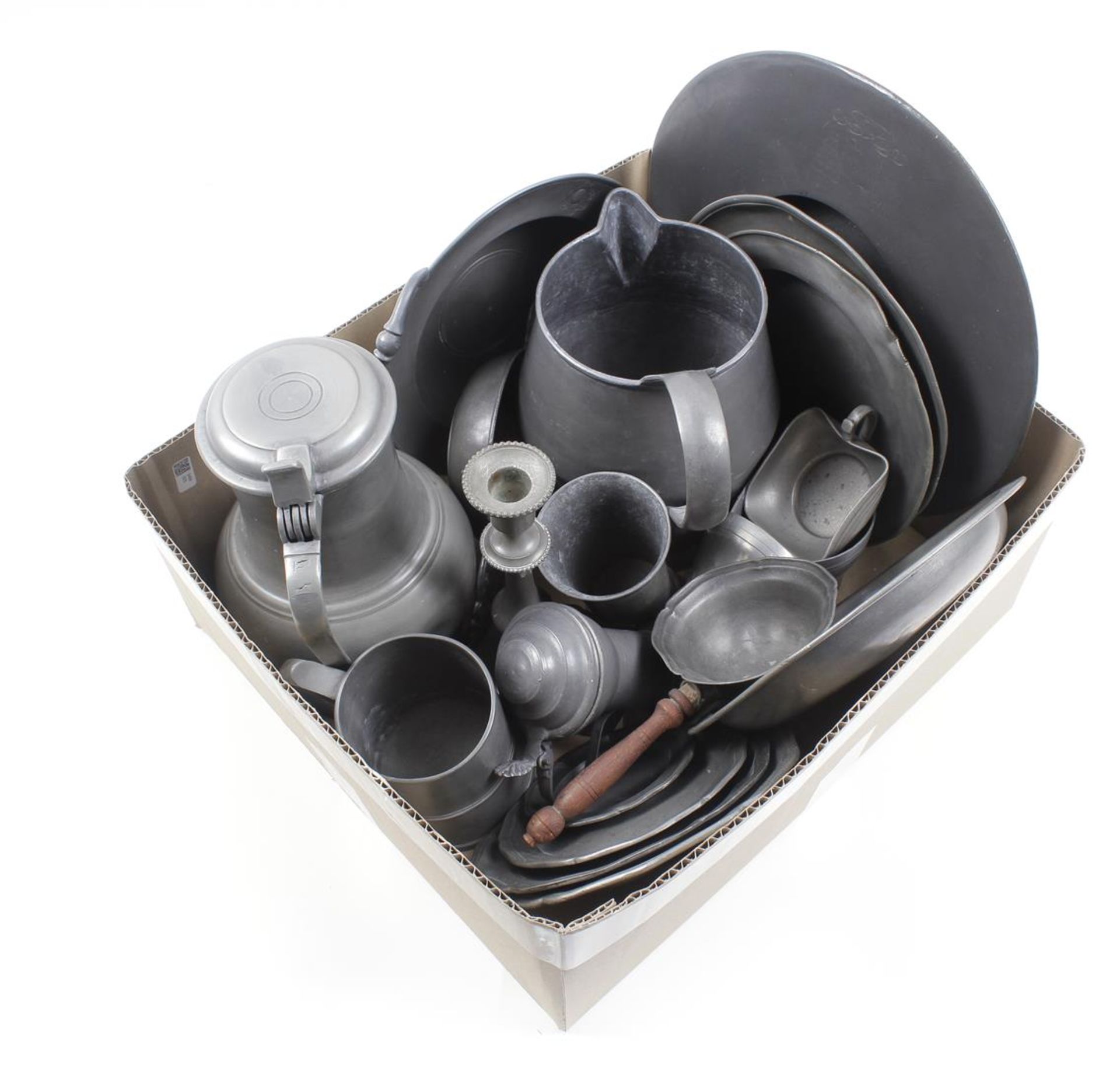 Box with pewter dishes, bowls, pitcher