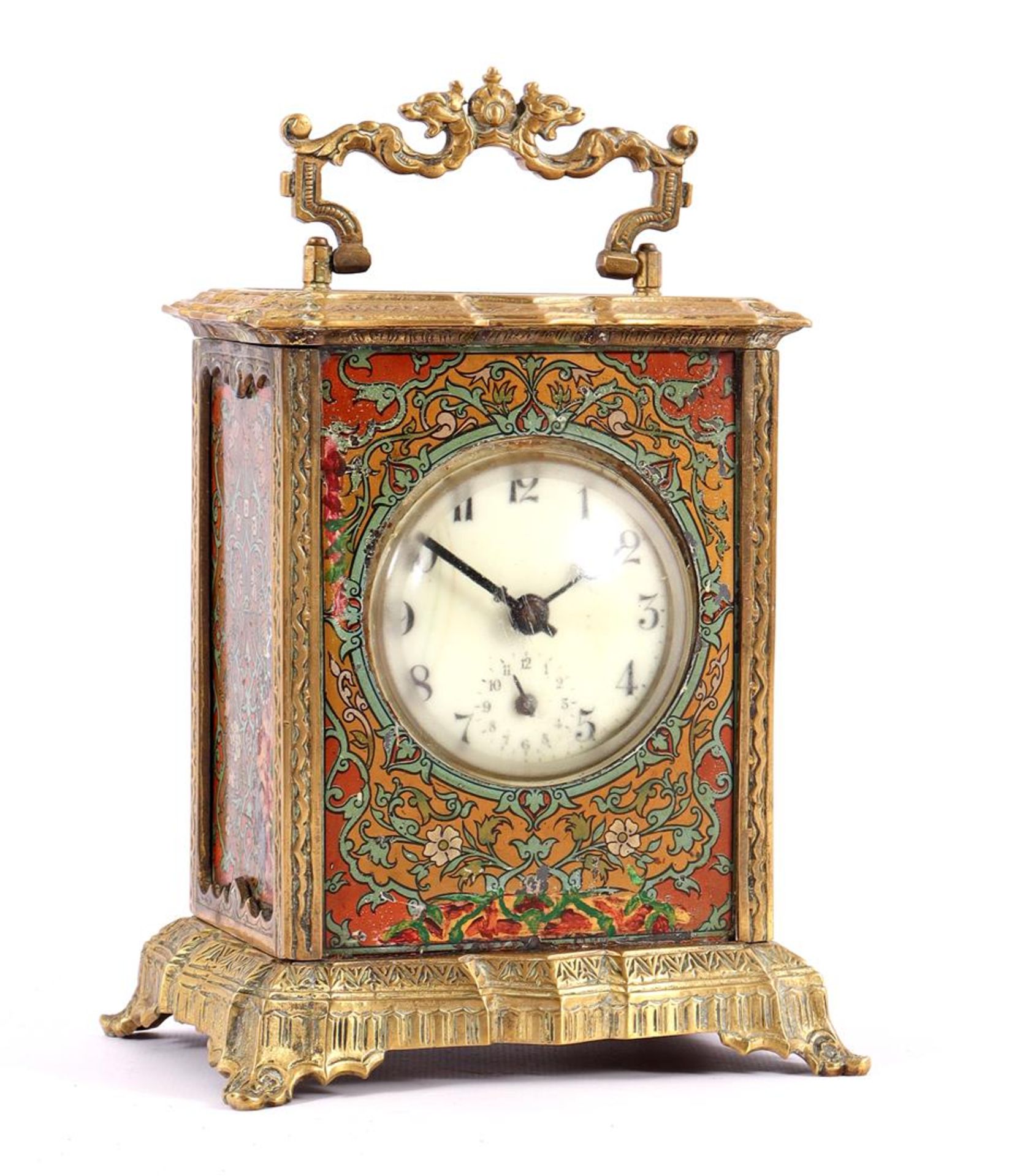 Brass Japy Freres French table clock with painted panels