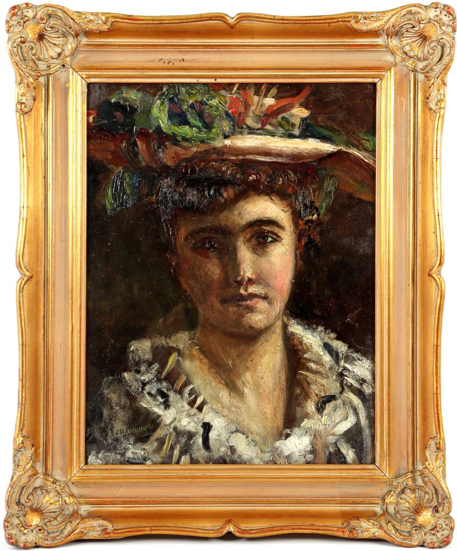 Unclearly signed, Posing lady with hat