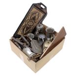 Box with copperware, tin and miniature cannon on wooden finish