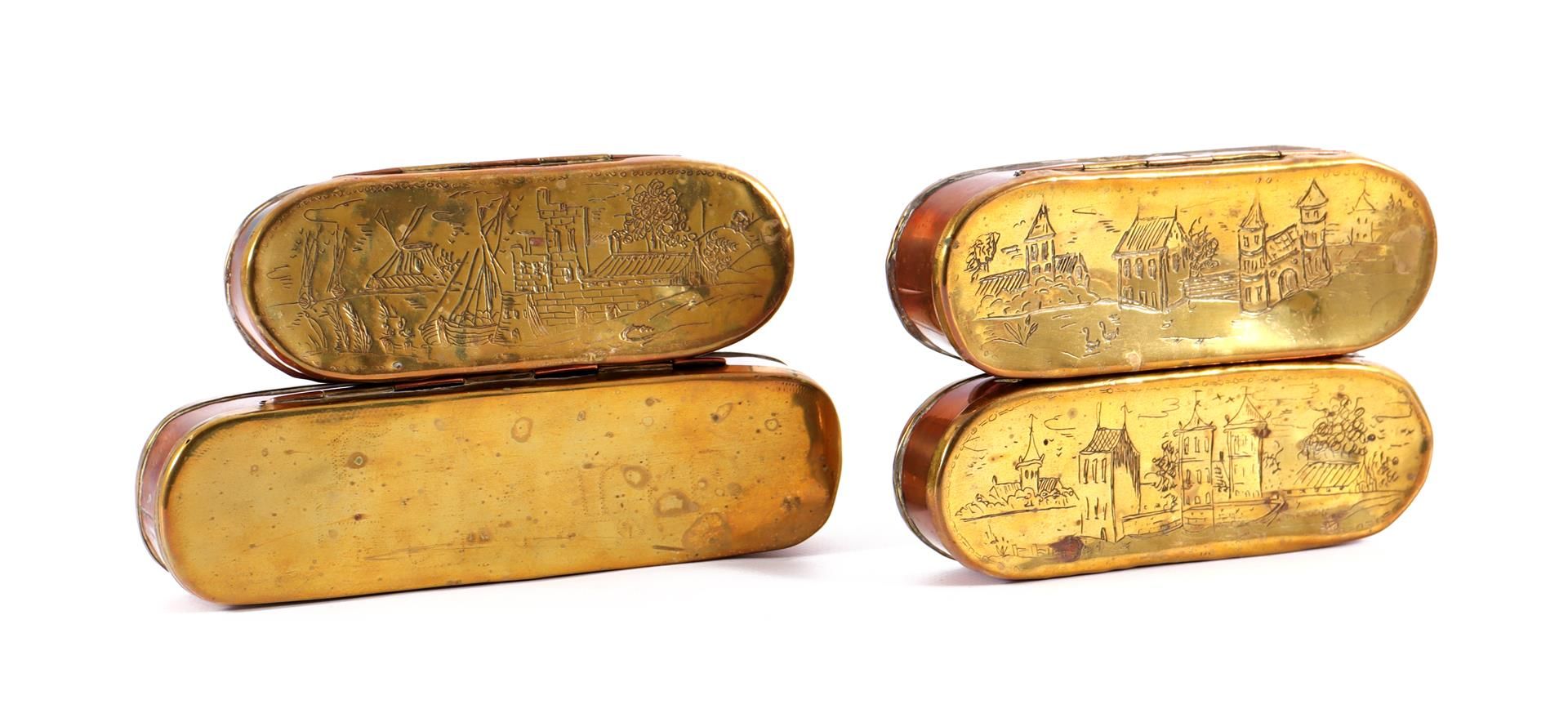 4 oval yellow and copper tobacco boxes