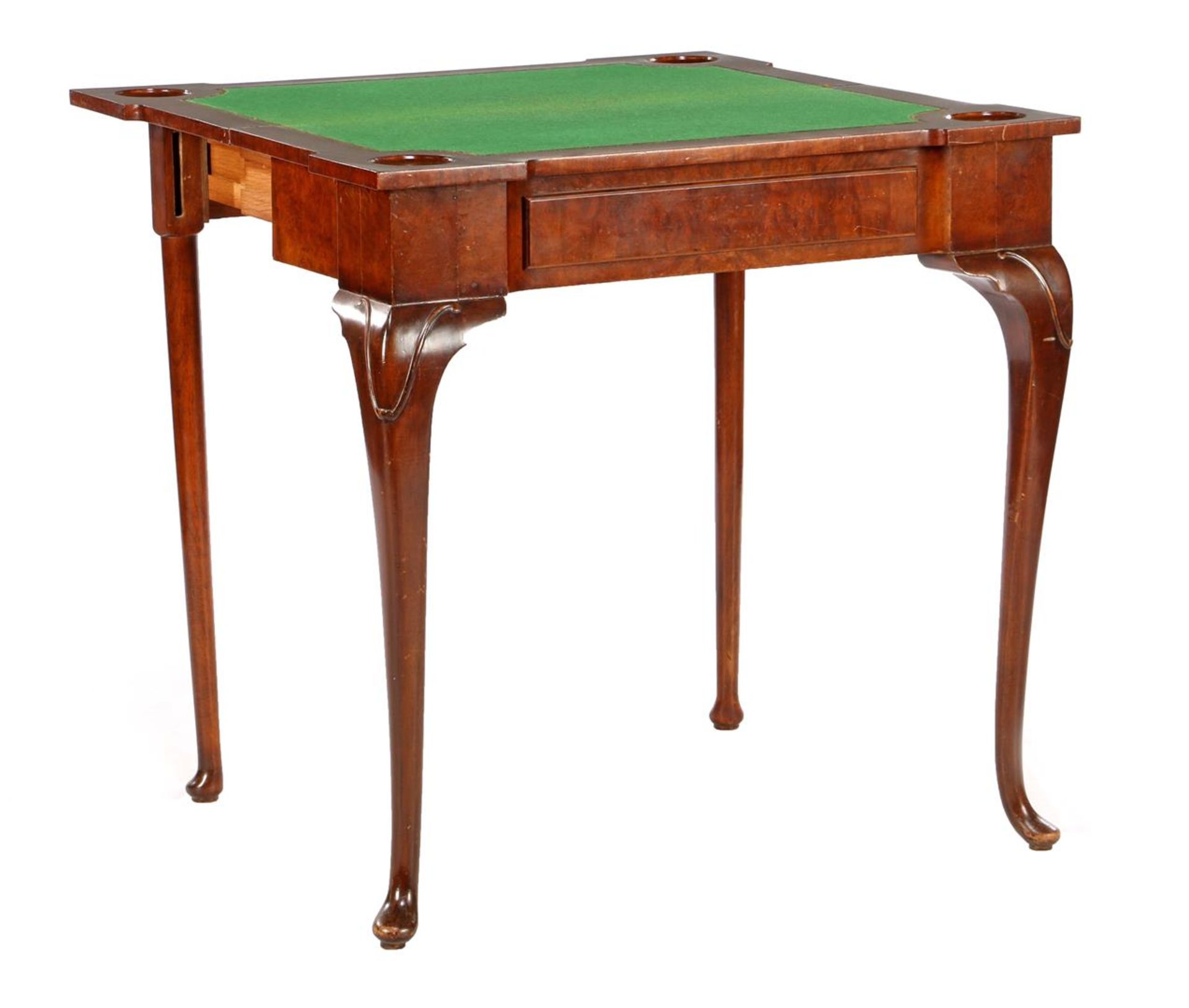 Walnut with burr walnut console with inlaid green felt top