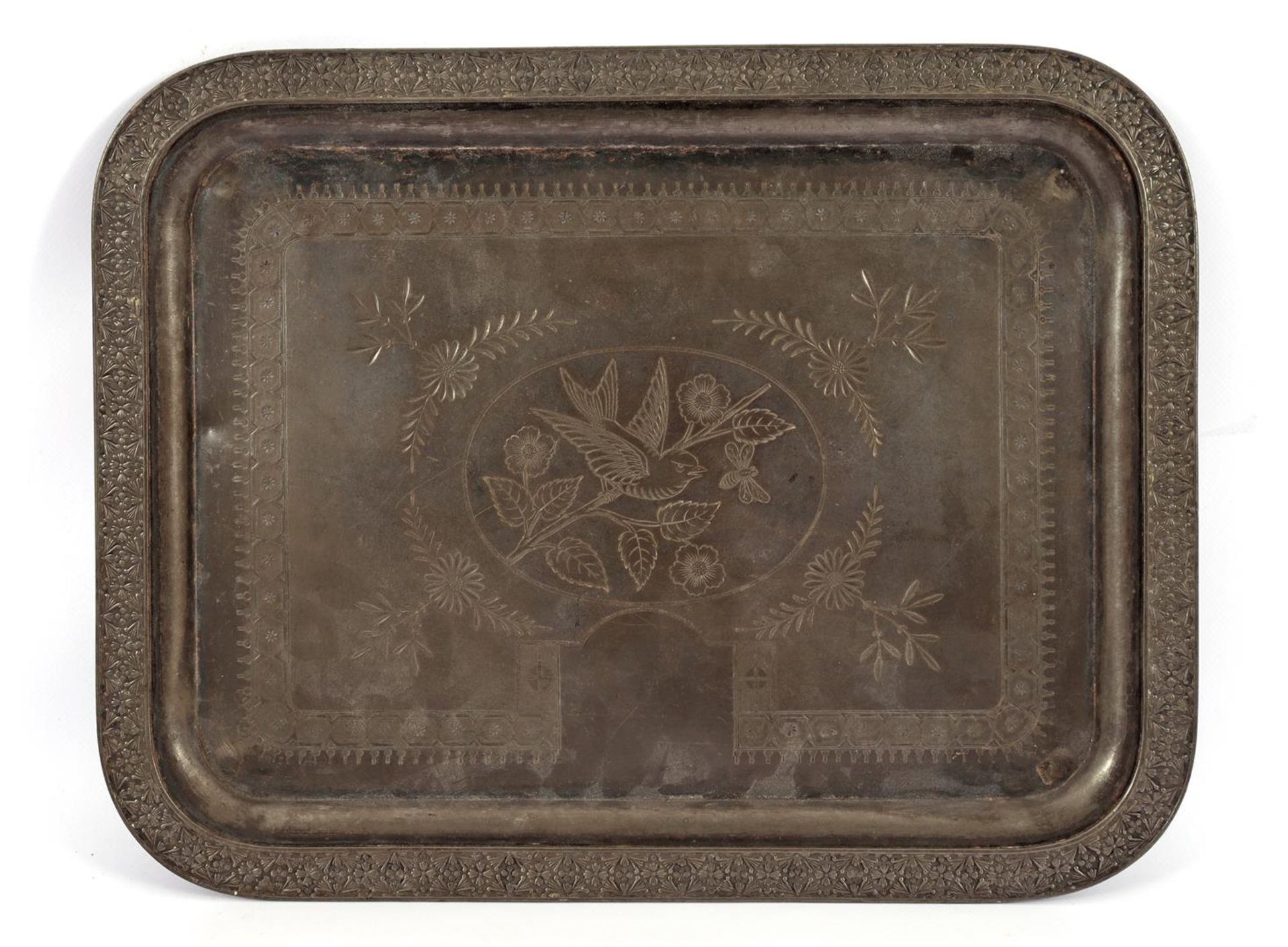 Pewter tray with bird on branch decoration