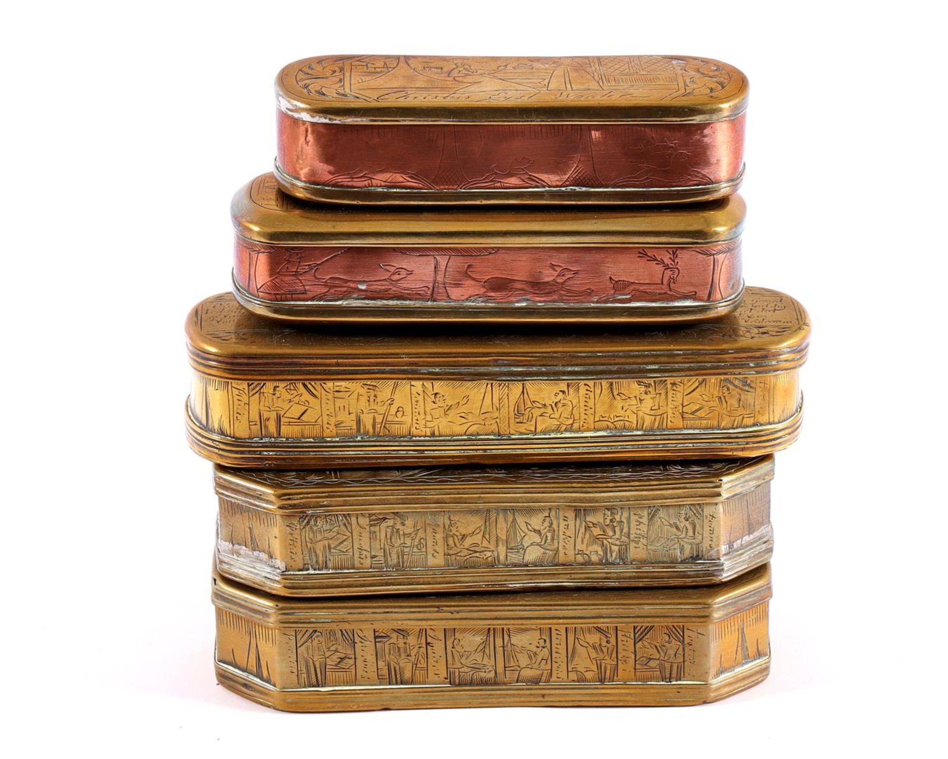 5 copper tobacco boxes with engraved decoration - Image 2 of 2