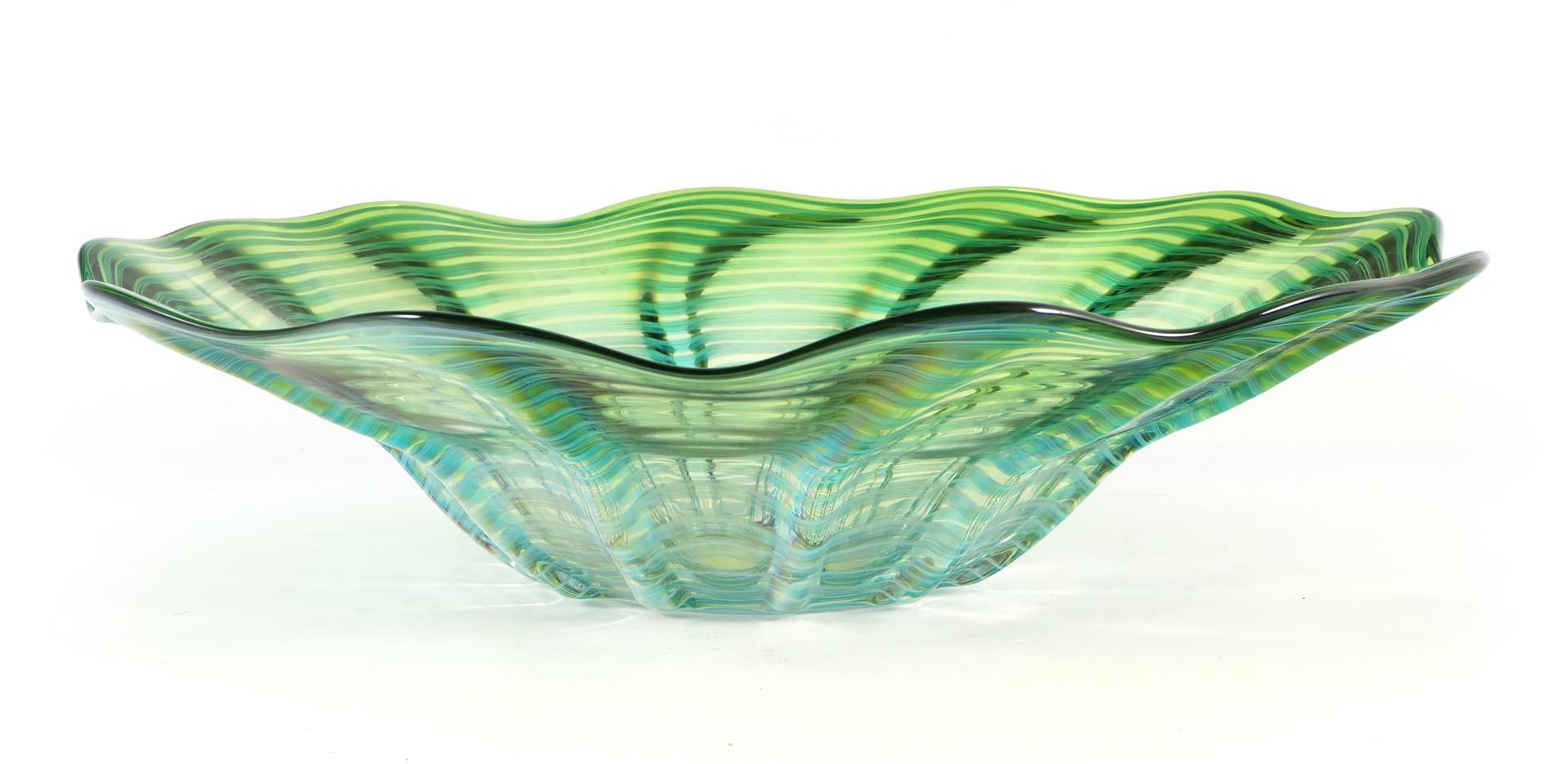 Green colored corrugated glass bowl