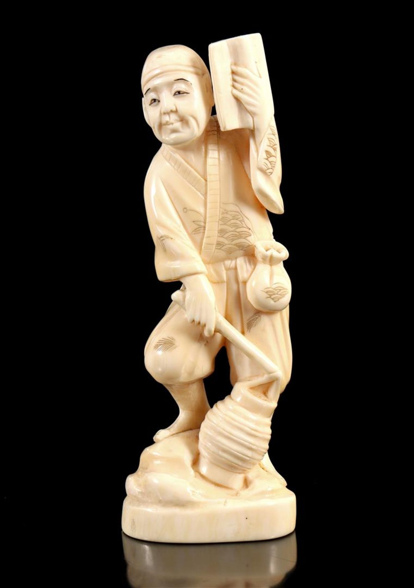 Richly carved ivory Okimono, Marine ivory