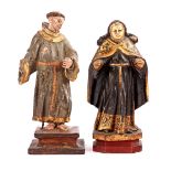 2 antique wooden polychrome colored figurines of saints