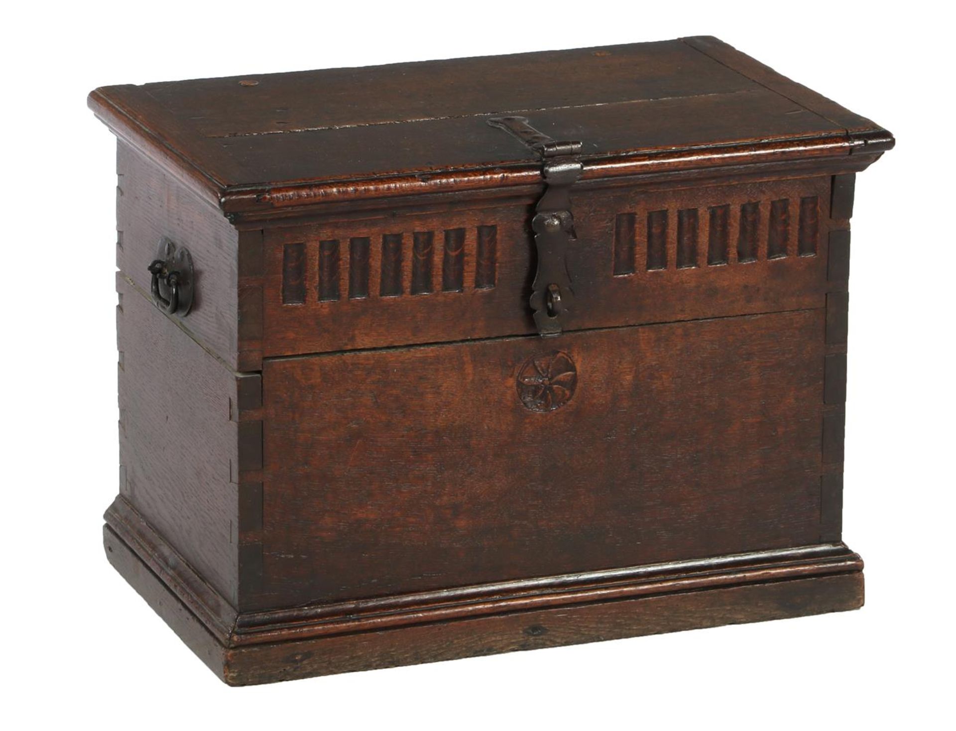 Antique oak box with wrought iron beaten