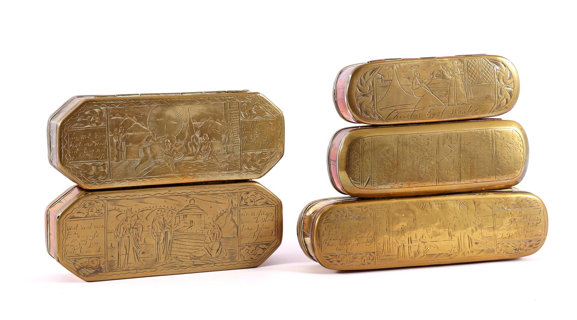 5 copper tobacco boxes with engraved decoration
