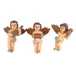 3 wooden polychrome colored musical putti