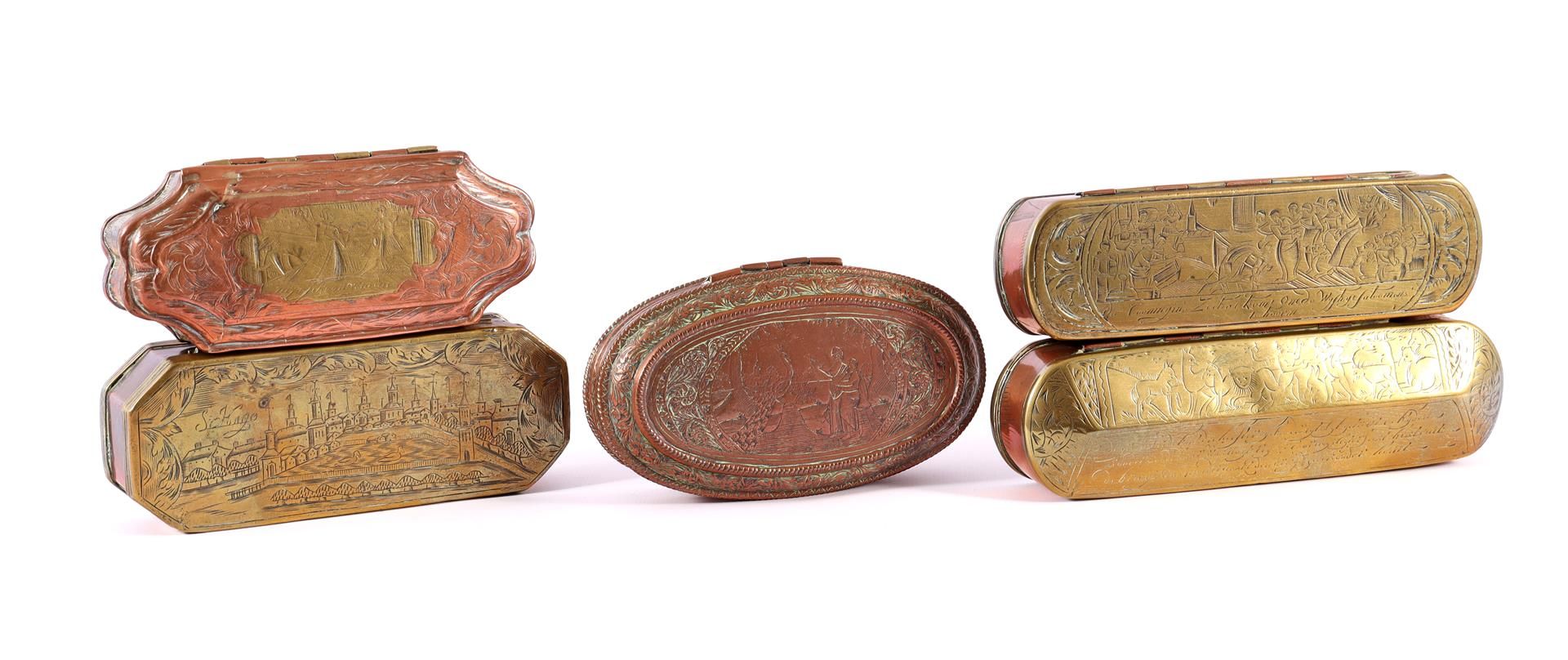 5 copper tobacco boxes with engraved decor