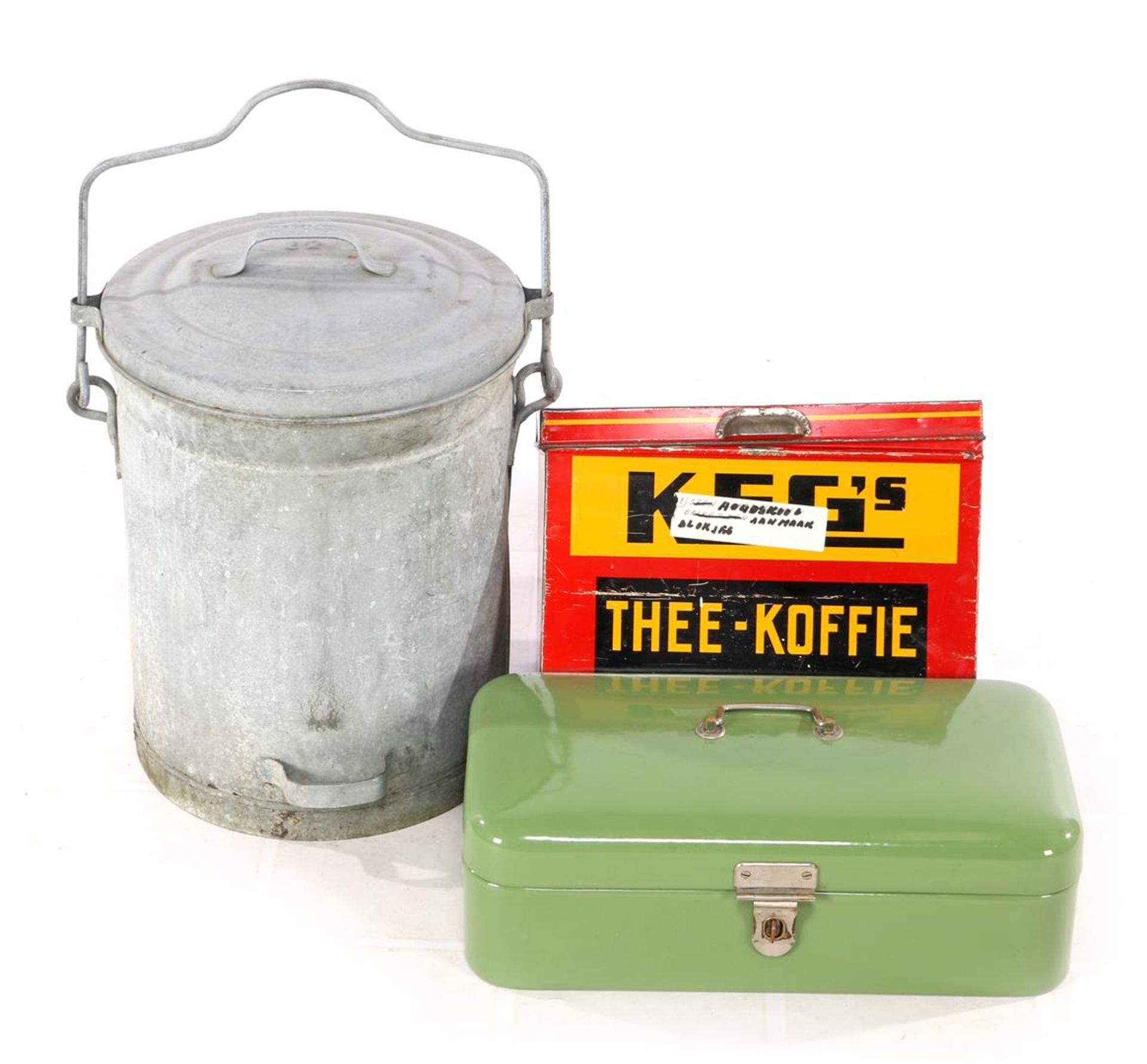 Zinc trash can, green enameled bread bin and Keg's tea and coffee can