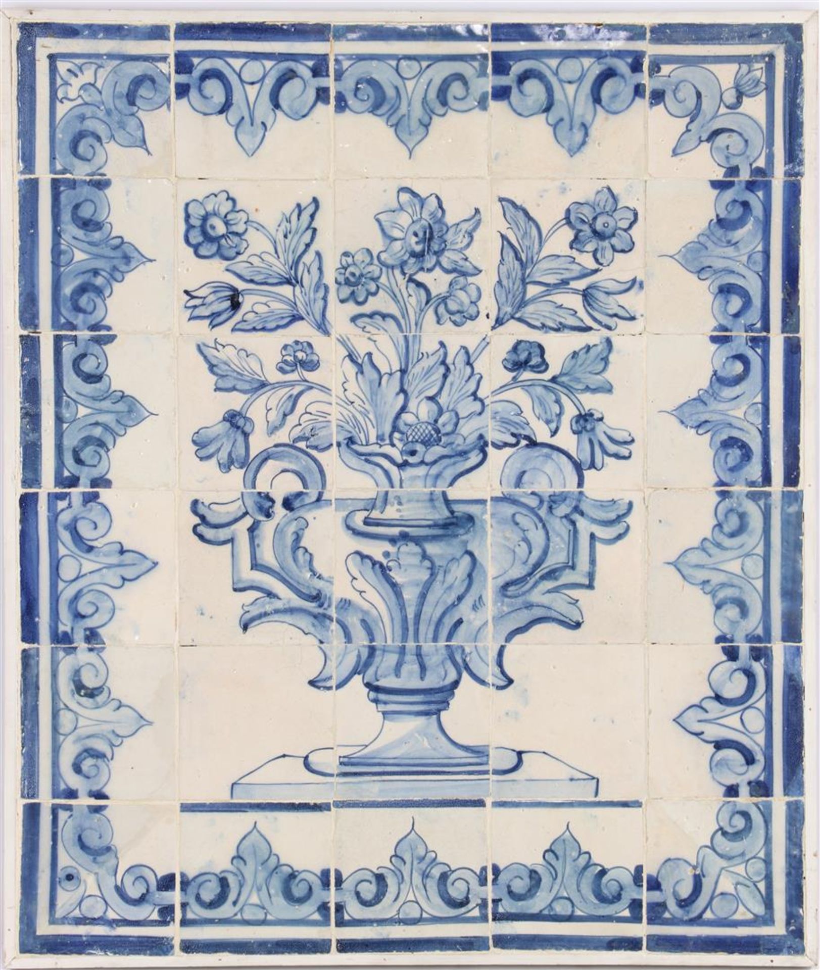 Tile panel with blue and white decoration