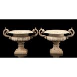 2 cast iron white lacquered garden vases with handles
