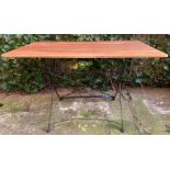 Garden table with teak top and black lacquered iron base