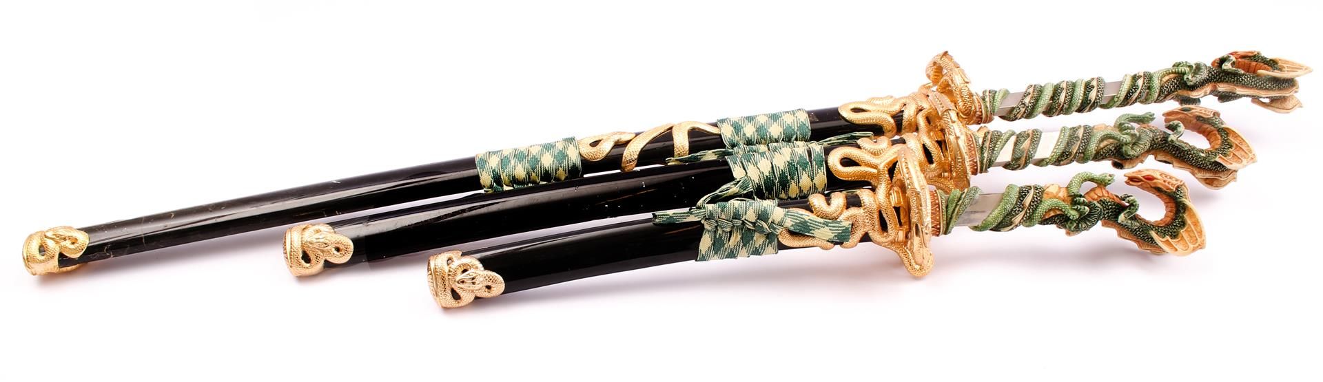 3 repro Samurai swords with richly decorated handles