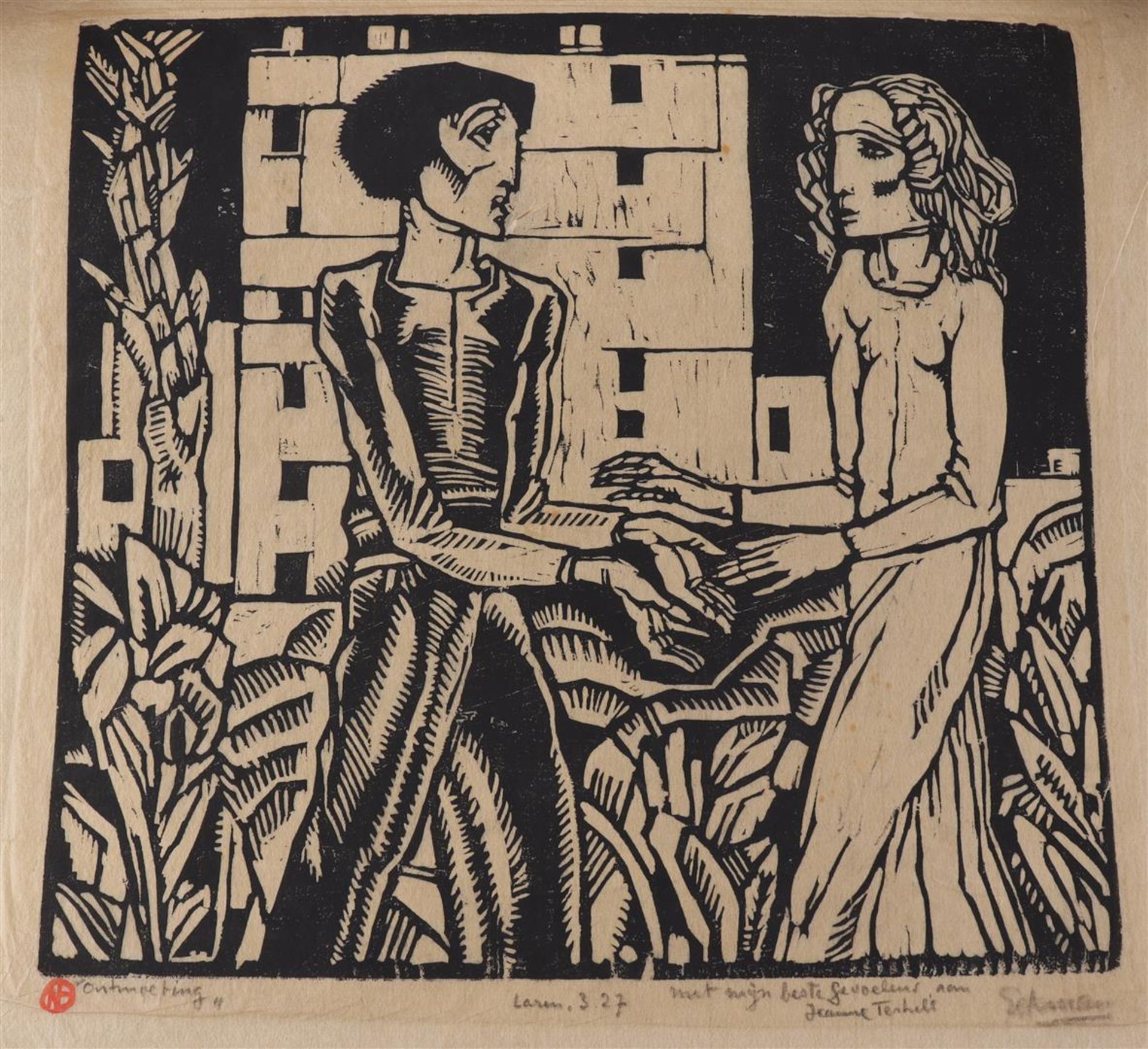 Nicolaas Matthijs Eekman (1889-1973) Meeting, woodcut 20x21 cm (unframed) - Image 5 of 5