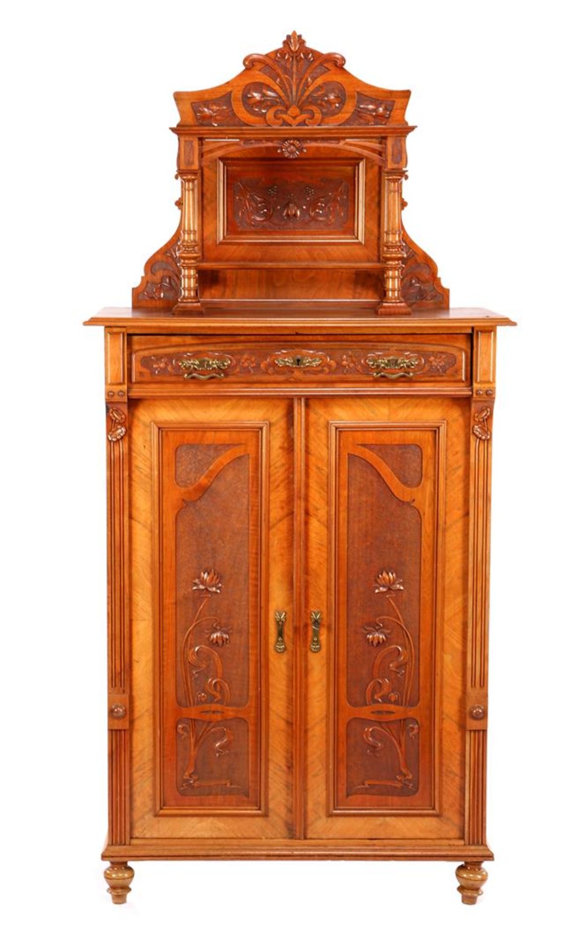 Walnut veneer Jugendstil 2-door cabinet with upstand and drawer