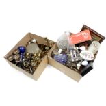 2 boxes very diverse. many copper candlesticks, various lamps, glass decanter, 2 decorative vases, w