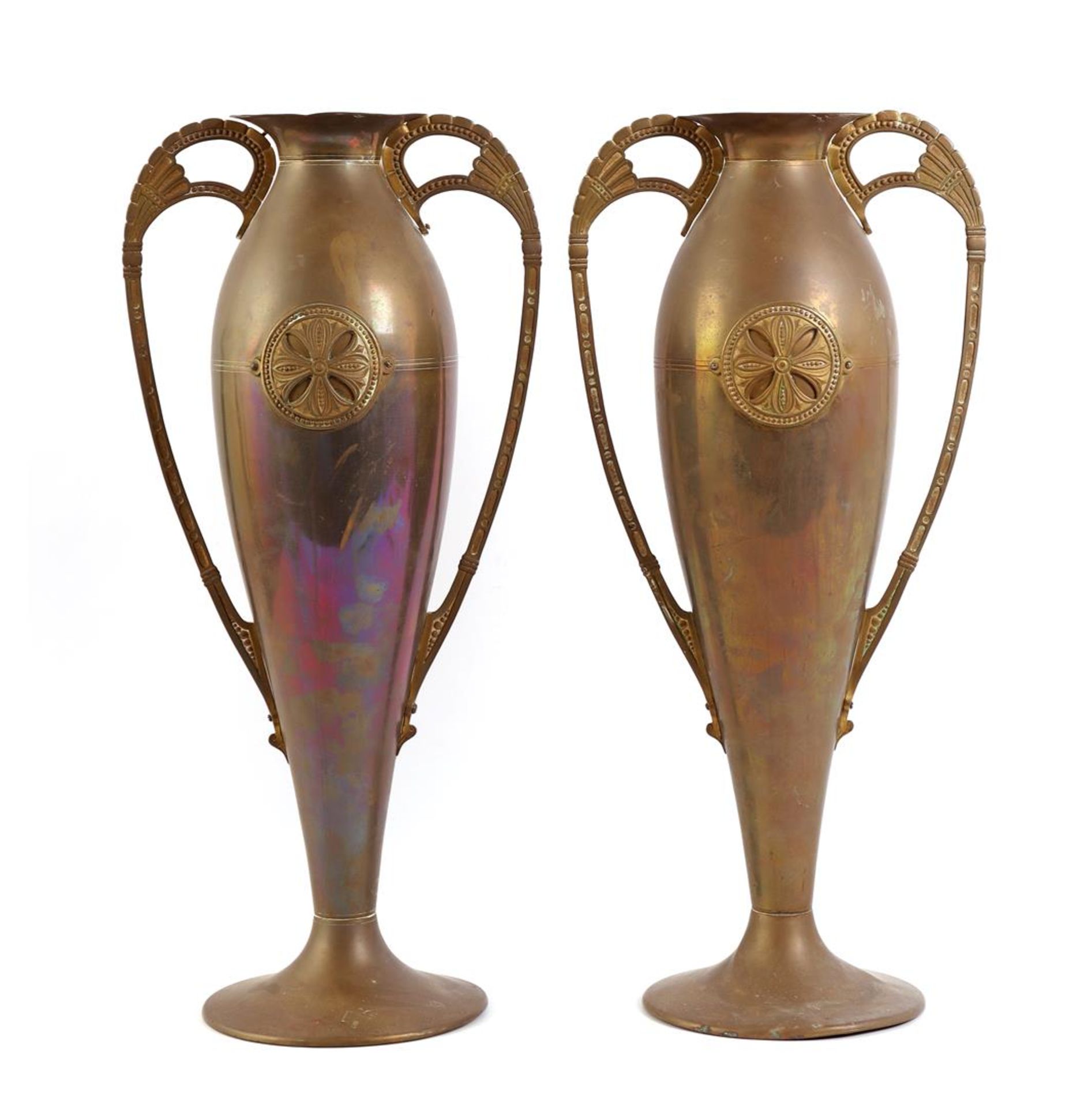2 copper Jugendstil decorated ear vases