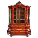 Burr walnut veneer 2-part china cabinet with 3-drawers