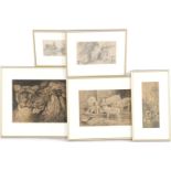 5 various pencil drawings including 3 works by J vd Zee such as pigs with dogs in trough, 22x31 cm