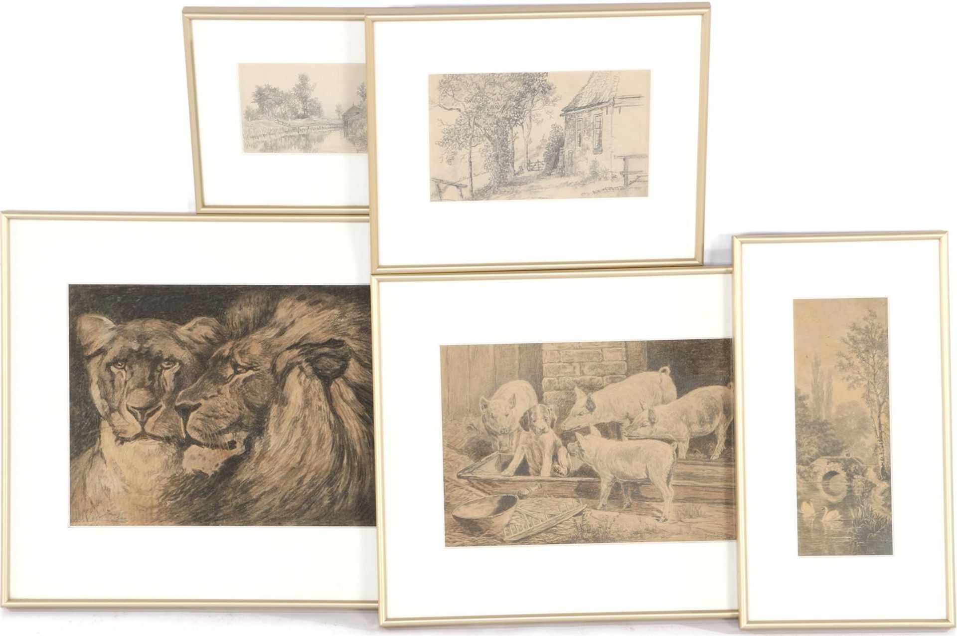 5 various pencil drawings including 3 works by J vd Zee such as pigs with dogs in trough, 22x31 cm