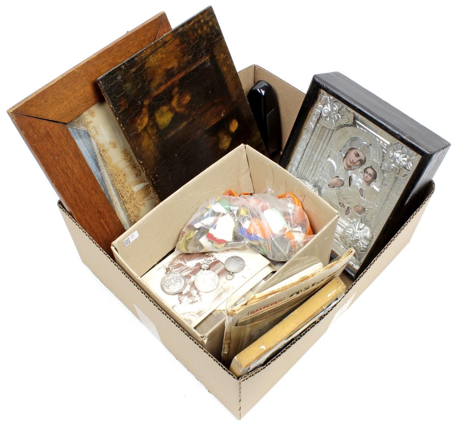 Box various b.u. metronome, various tokens and medals, icon, 3 wall decorations and various black an