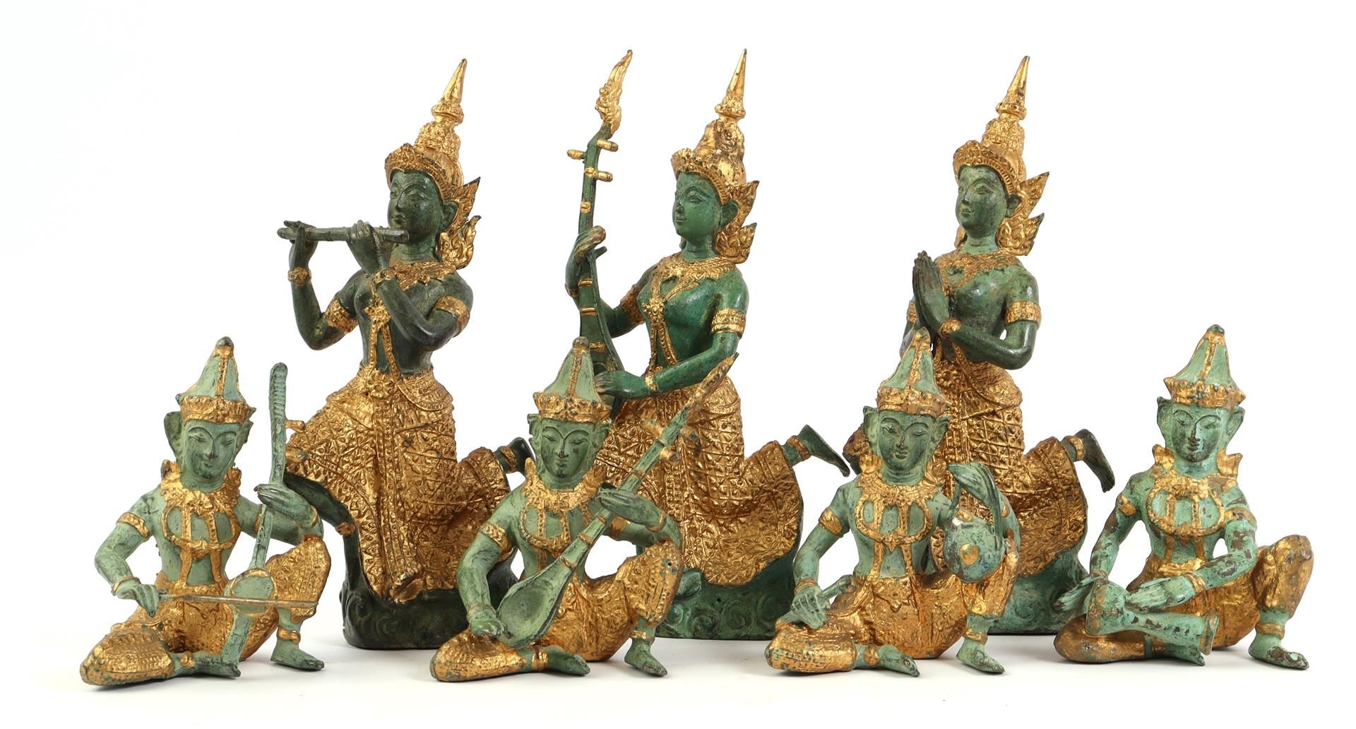 7 various bronze statues of orchestra and dancer, Asia 20th century, largest 19.5 cm high