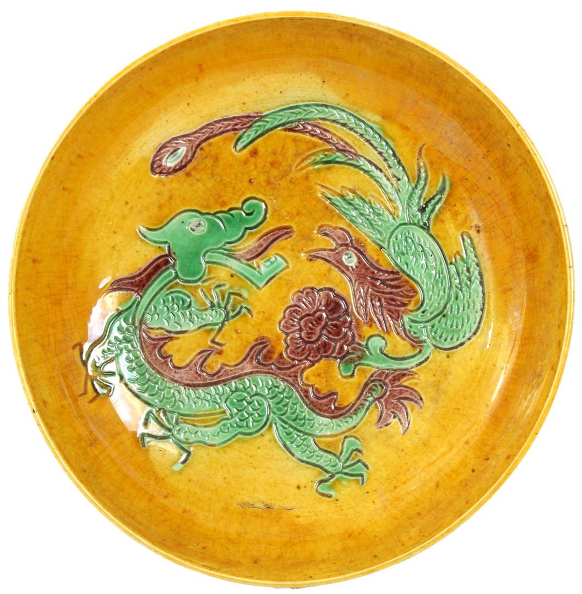 Porcelain dish with yellow-green decoration with dragon, 3.5 cm high, 13.5 cm diameter (crack line) - Bild 2 aus 2