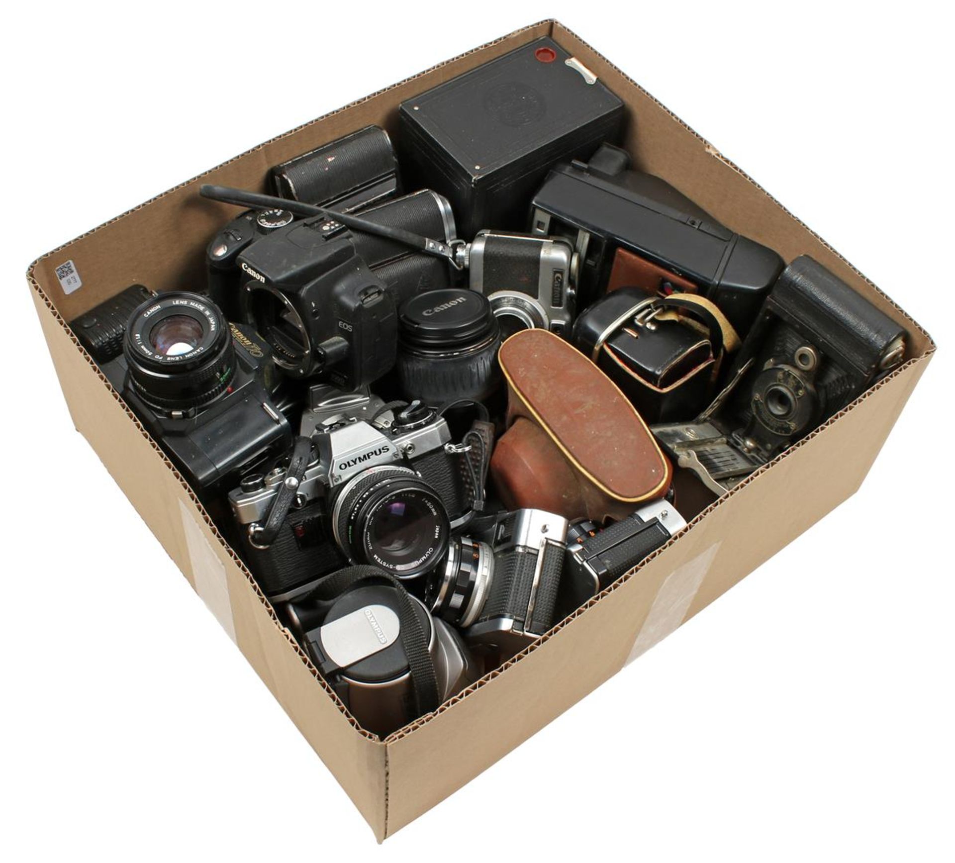 Box with cameras including Kodak, Canon and Olympus