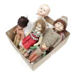 5 old dolls with bag of various doll clothes