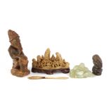 Asian soapstone sculpture of mountainous landscape with trees and temple 10 cm high, 15.5 cm wide, j