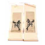A few watercolors on textile of horses at a trot, 36 cm high (1 top loose)