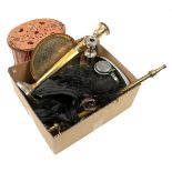 Box with various tin, plate candlestick 48 cm high, brass fire hose 54 cm long, carbitlamp, wooden