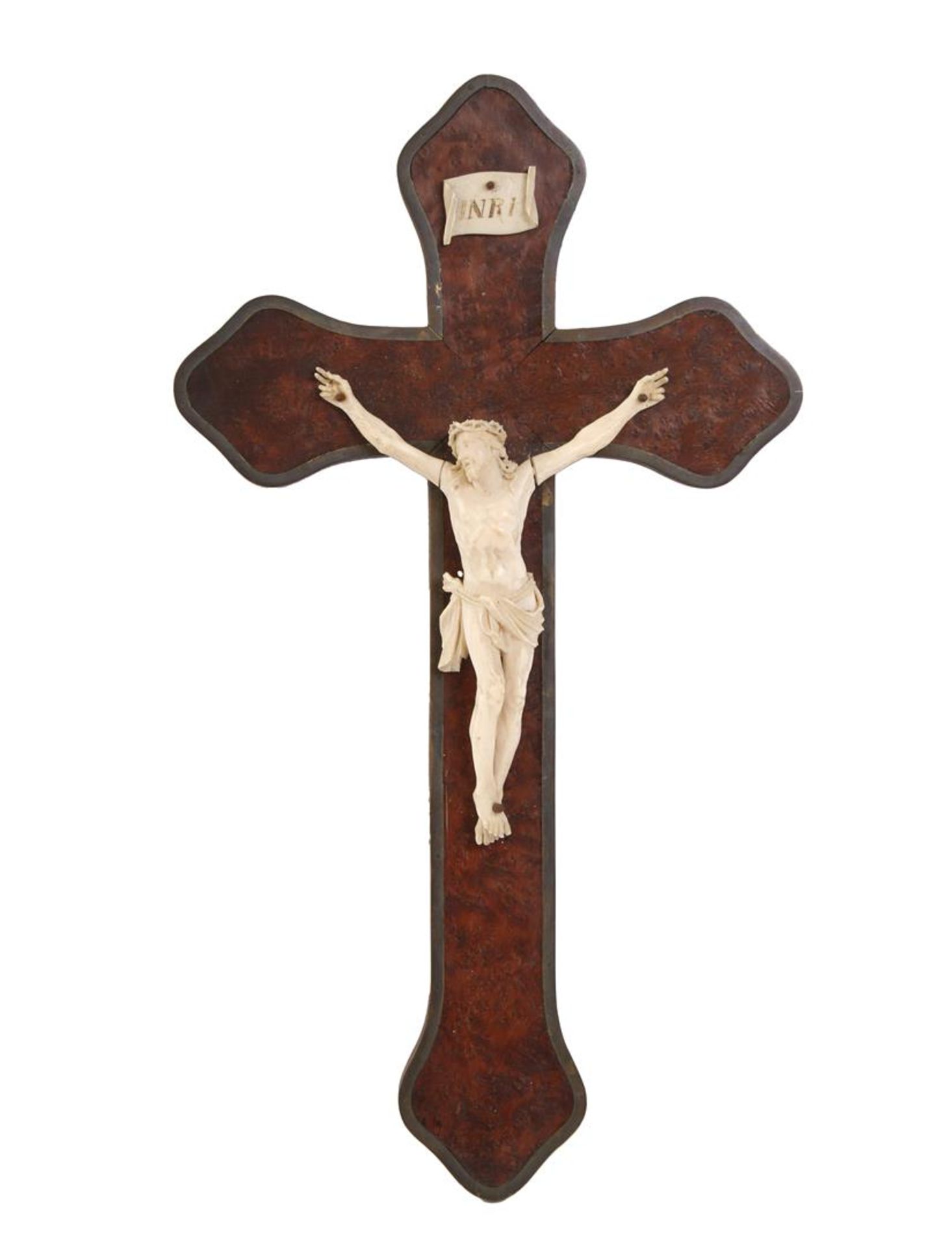 Ivory corpus of Christ on a burr walnut veneer cross with brass, Europe approx. 1850, 41 cm high, 23