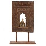 Asian wooden niche with bronze Buddha statue, on iron stand a total of 32.5 cm high, 20 cm wide