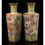 2 Chinese porcelain vases with polychrome decoration of many figures, 20th century 58 cm high