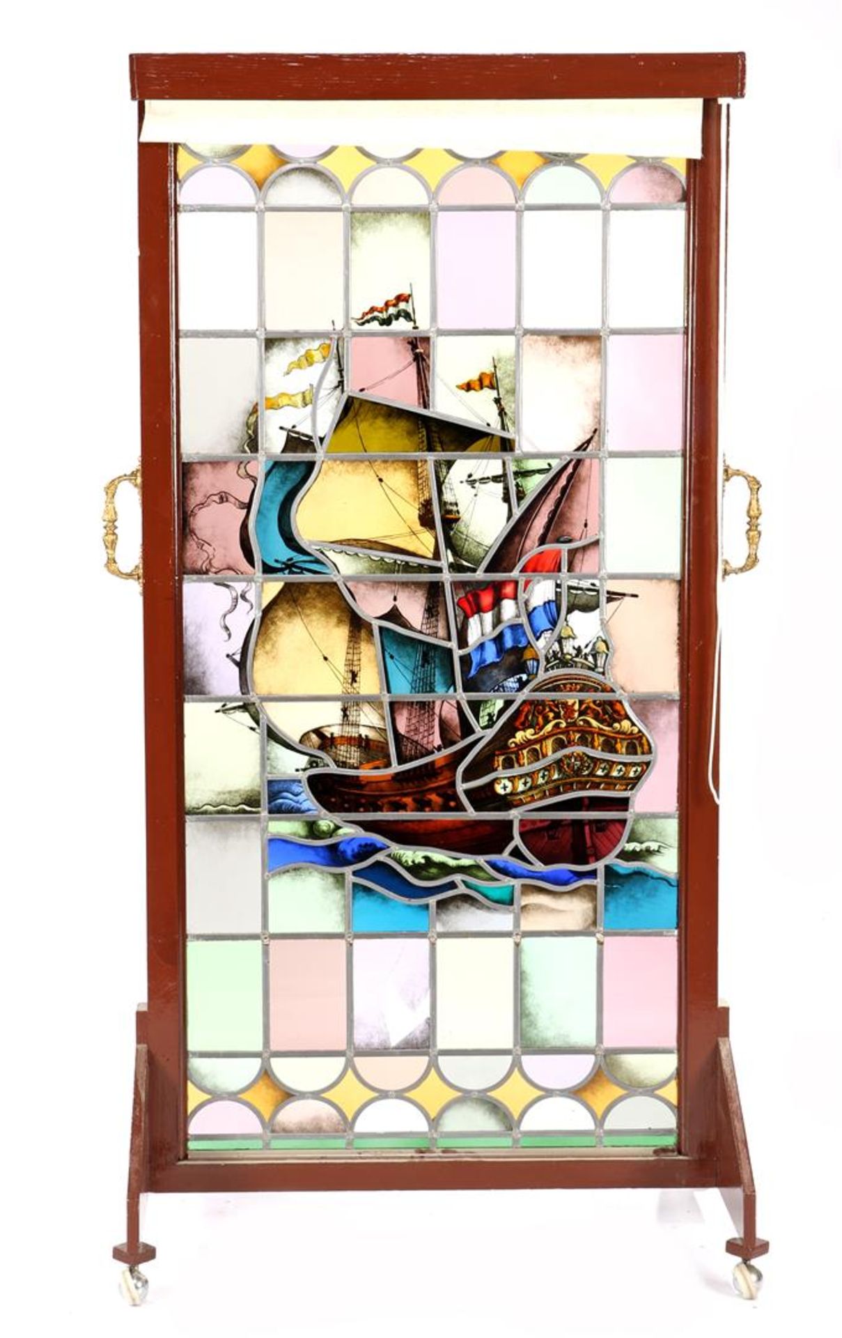 Stained glass window depicting a three-master ship, in wooden frame