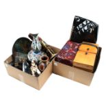 2 boxes with Zuid Holland Gouda plateel plateau with cigar vase, ashtray, matchbox holder, Oud Delft
