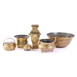 Asian brass decorated bowl 11 cm high, 26 cm diameter, censer, vase 21 cm high, flower pot 10 cm hig