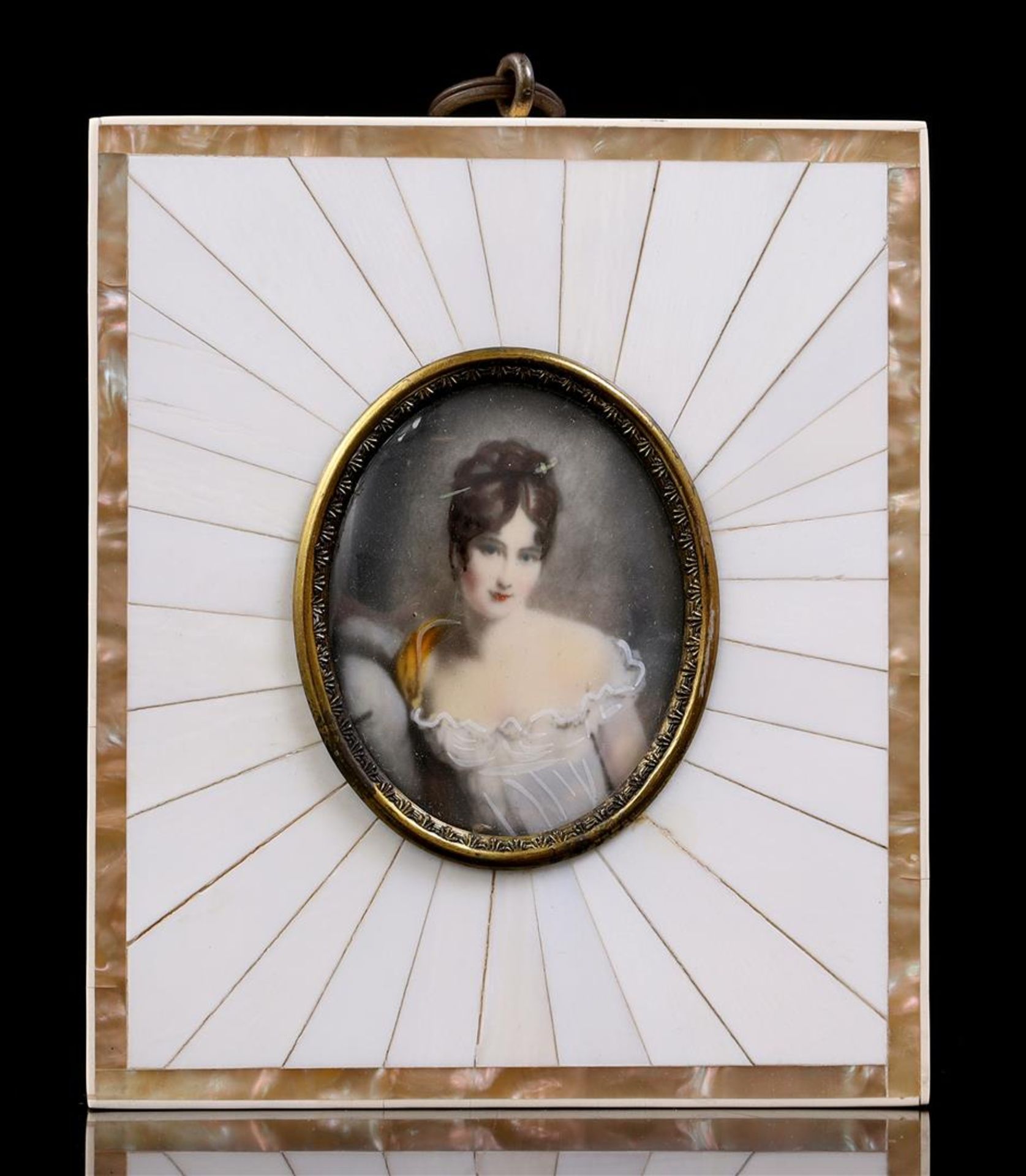 Oval miniature portrait of Juliette Récamier (1777-1849) in an ivory frame, France ca.1900, 10.5x9 c