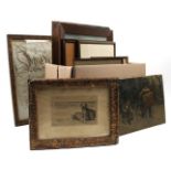 Box of various wall decorations including oil paint, watercolor, etchings and drawings