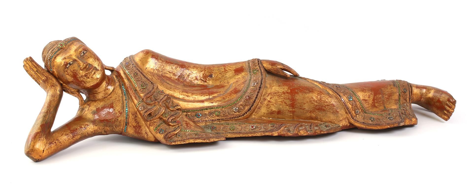 Wooden reclining Buddha covered with glass, Burma approx. 1925, 21 cm high, 90 cm long